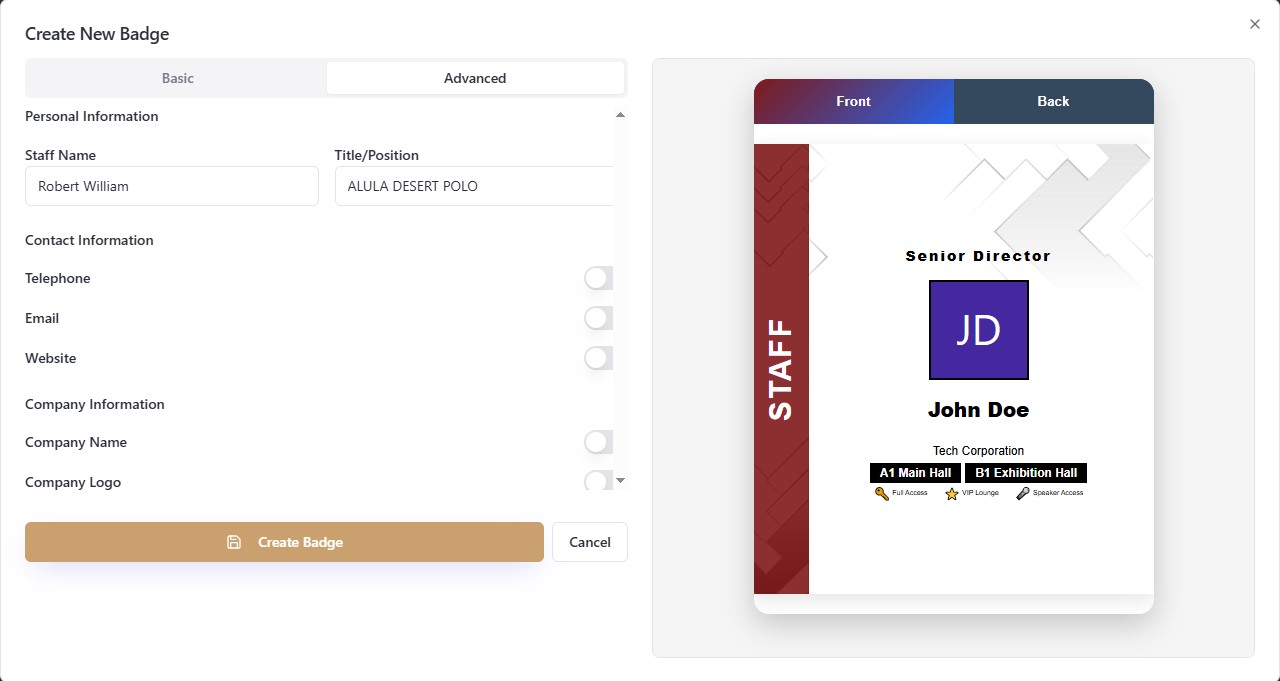 StampIQ badge designer — custom event badge creation with QR code